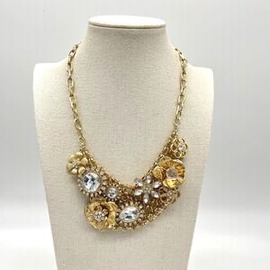 Gold Tone Clutter Statement‎ Necklace Multi Gem Embellished Bib Style Choker